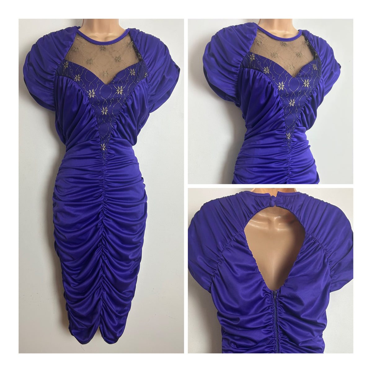 Vintage 1980s Size 10-12 Purple Ruched Draped Mesh Panel Open Back Fitted Wiggle Xmas Party Dress