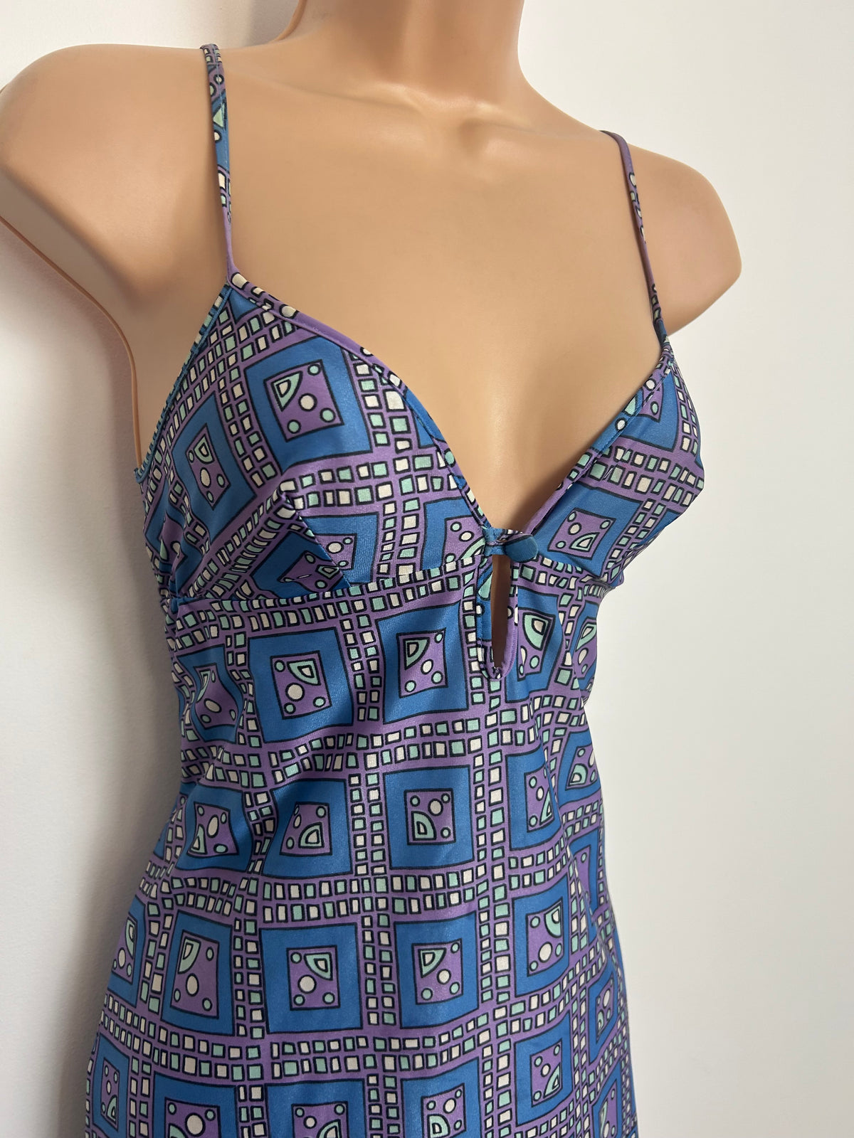 Vintage 1970s PIPPA DEE Size 8 Blue Lilac & Mint Green Geo Print Summer Sun Dress
