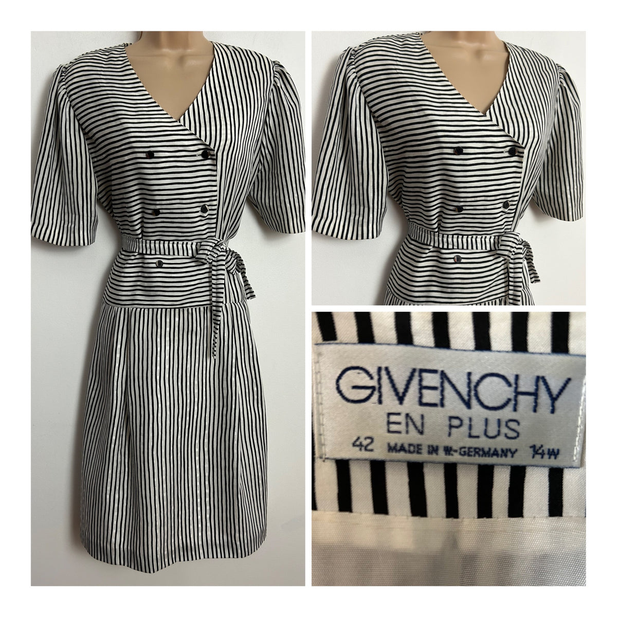 Vintage 1980s Designer GIVENCHY EN PLUS Size 14 Black & White Stripe Belted Pleated Day Dress