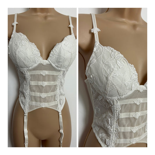 Vintage ALLURE Size 34B White Mesh Lace Underwire Boned Corset With Suspender Straps