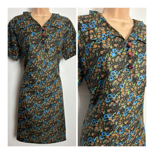 Vintage 1960s Size 14 Brown Orange & Blue Floral Print Short Sleeve Mod Shift Dress