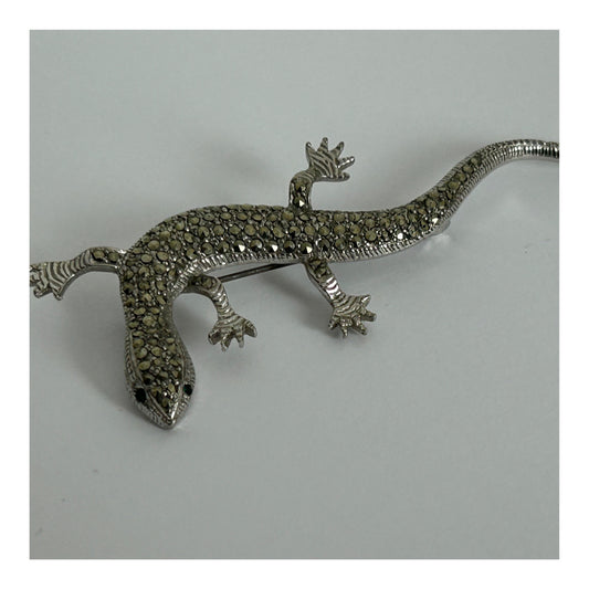 Vintage 1960s Silver Tone Marcasite Lizard Pin Brooch