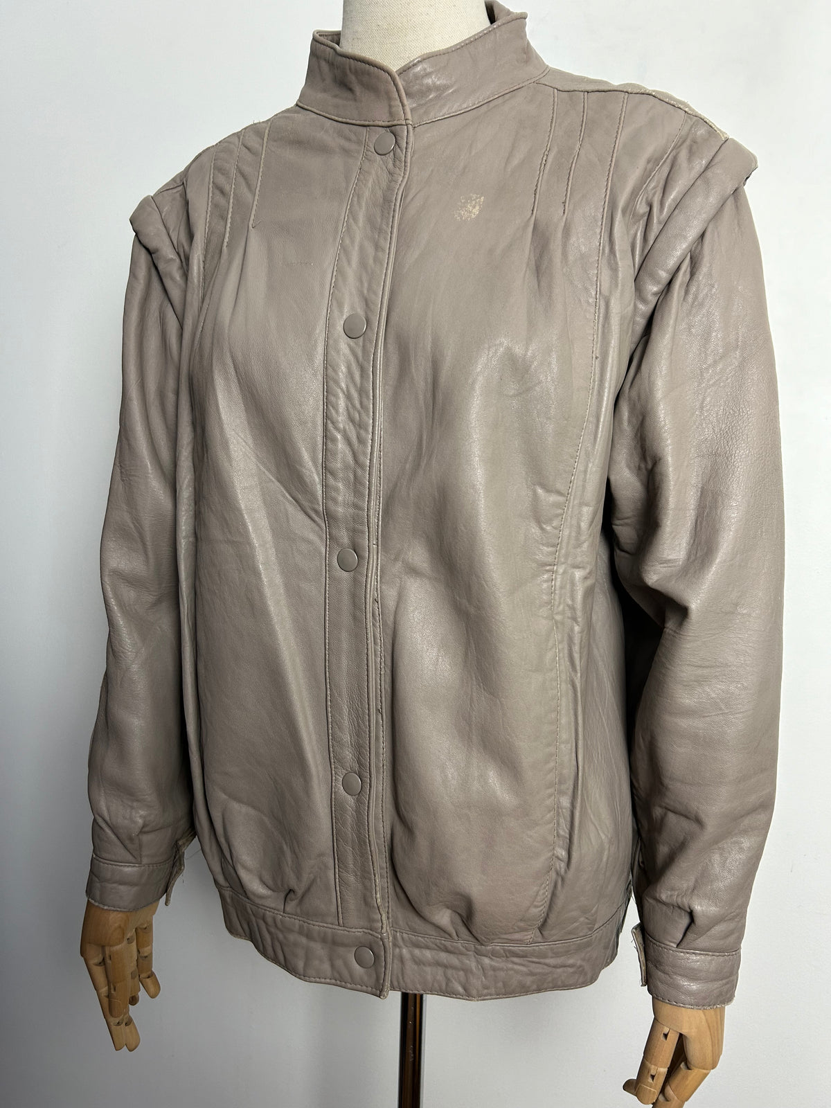 Vintage 1980s Approx UK Size 10 Taupe Popper Fastening Leather Jacket/Coat