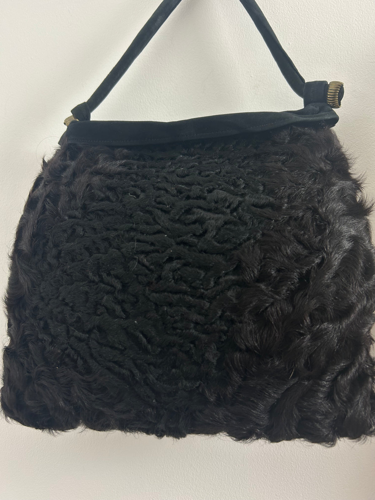 Vintage 1940s Black Persian Lamb & Suede Muff Handwarmer Handbag