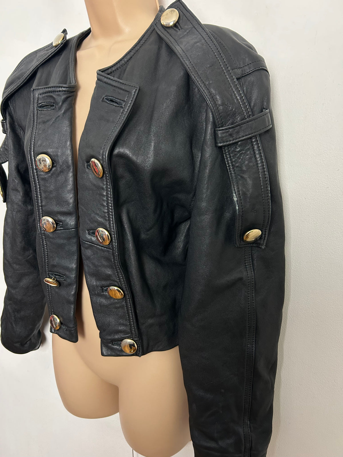 Vintage 1980s UK Size S (10) Black Military Style Open Fronted Button Detail Cropped Leather Jacket