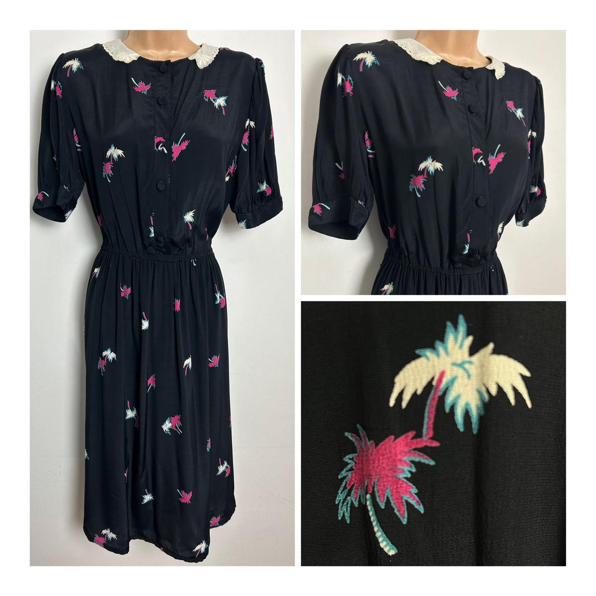 Vintage 1980s Size 10-12 Black Pink & White Palm Tree Print 1940s Style Day Dress