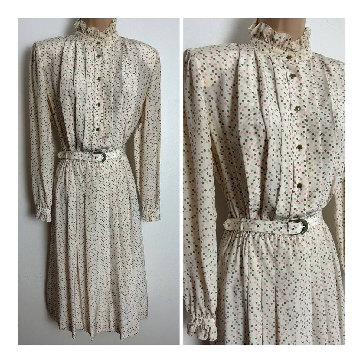 Vintage 1980s LOUIS FERAUD Size 12-14 Cream Polka Dot Pink 100% Silk Pleated Belted Day Dress