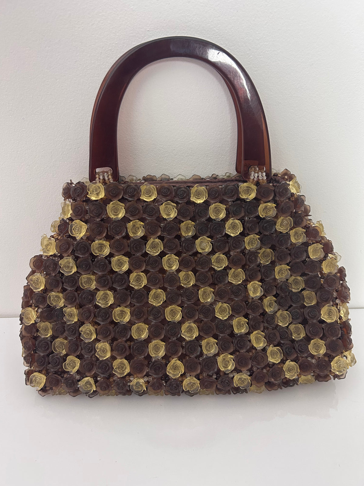 Vintage 1960s Gorgeous Brown & Beige Heavy Plastic Roses & Beaded Handbag