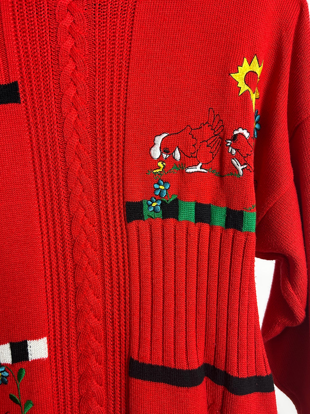 Vintage 1980s AMBROSIUS HEIM Up To Size 16 Red Cotton Mix Embroidered Chicken & Rooster Pattern Jumper