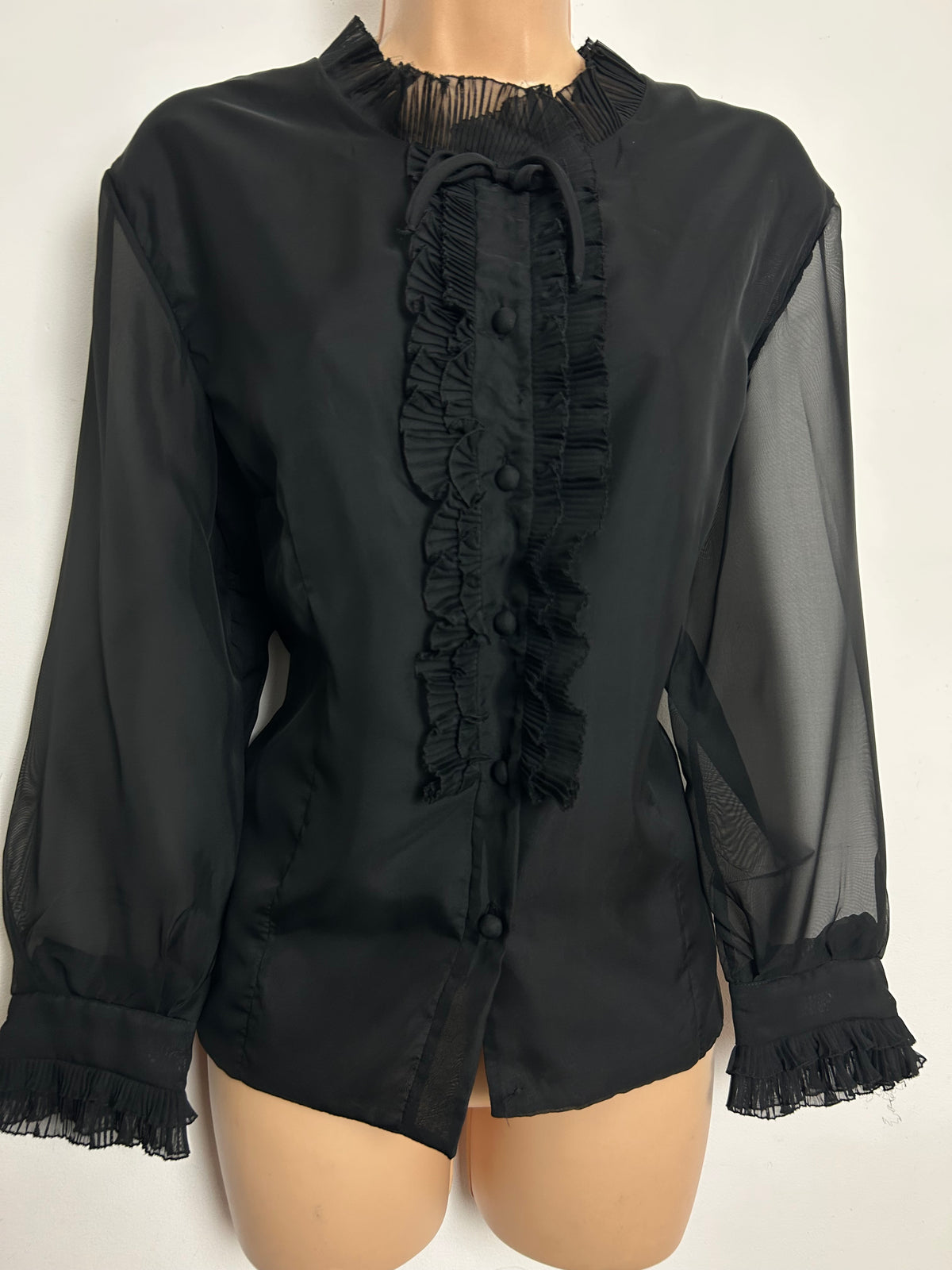 Vintage 1960s ELAMOD PARIS Size 16 Black Ruffle Trim Bow Detail Blouse