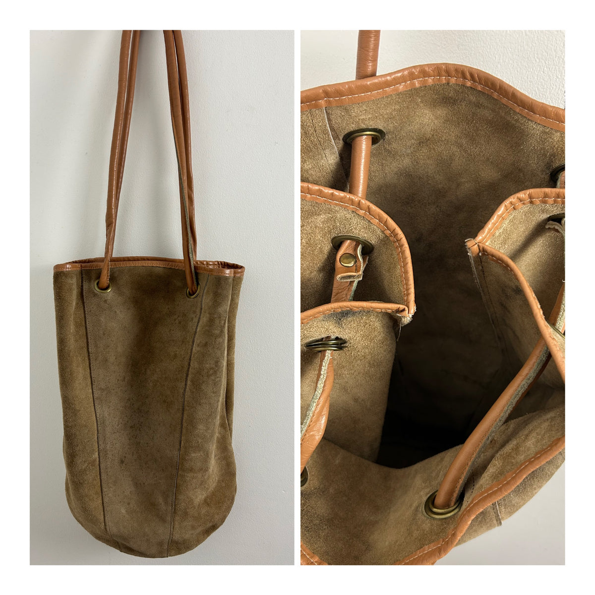 Vintage 1970s Dark Beige Suede & Tan Leather Large Tote/Bucket Bag