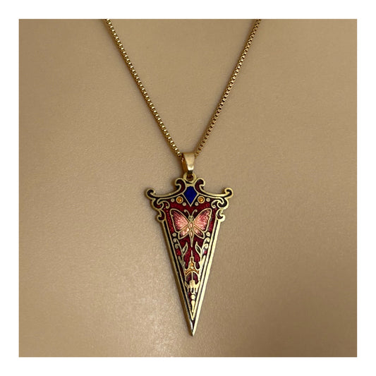 Vintage Gold Tone Red Butterfly Pattern Dagger Shaped Pendant & Necklace