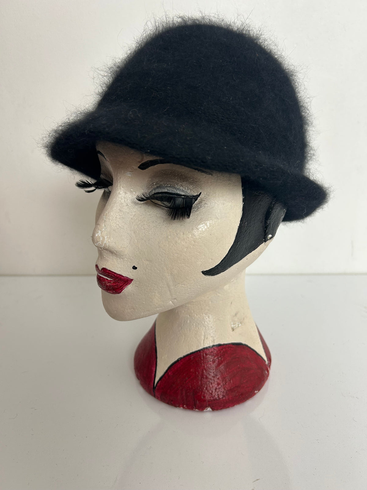 Vintage Italian Black Angora & Wool Mix Small Peaked Hat