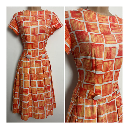 Vintage Late 1950s Size 10 Orange Tones Check Print Short Sleeve Pleated Cotton Day Dress
