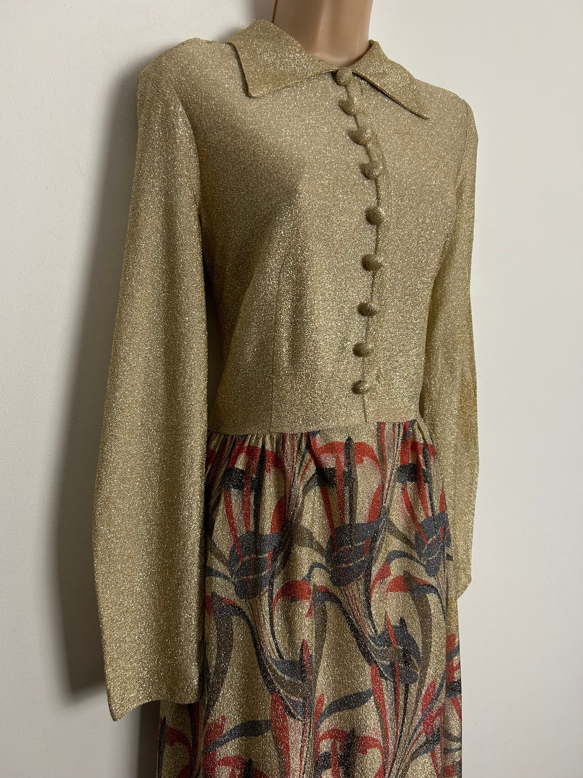Vintage 1970s MONTIGO BAY UK Size 10 Gold Red & Grey Abstract Leaf Print Long Sleeve Lurex Occasion Maxi Dress