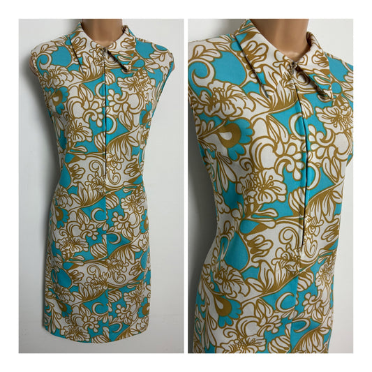 Vintage 1960s Size 12 Turquoise Beige & White Floral Print Zip Front Sleeveless Mod Shift Dress