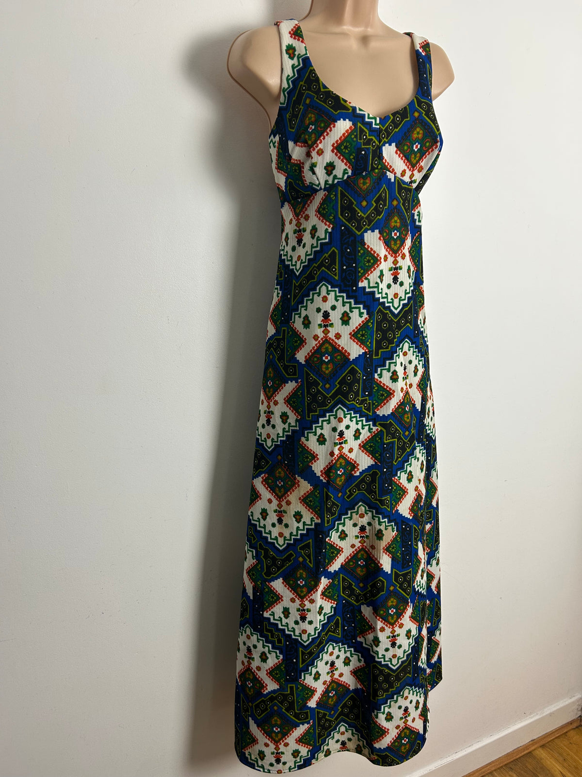 Vintage 1970s Size 10-12 Blue Green Red & White Abstract Print Maxi Dress