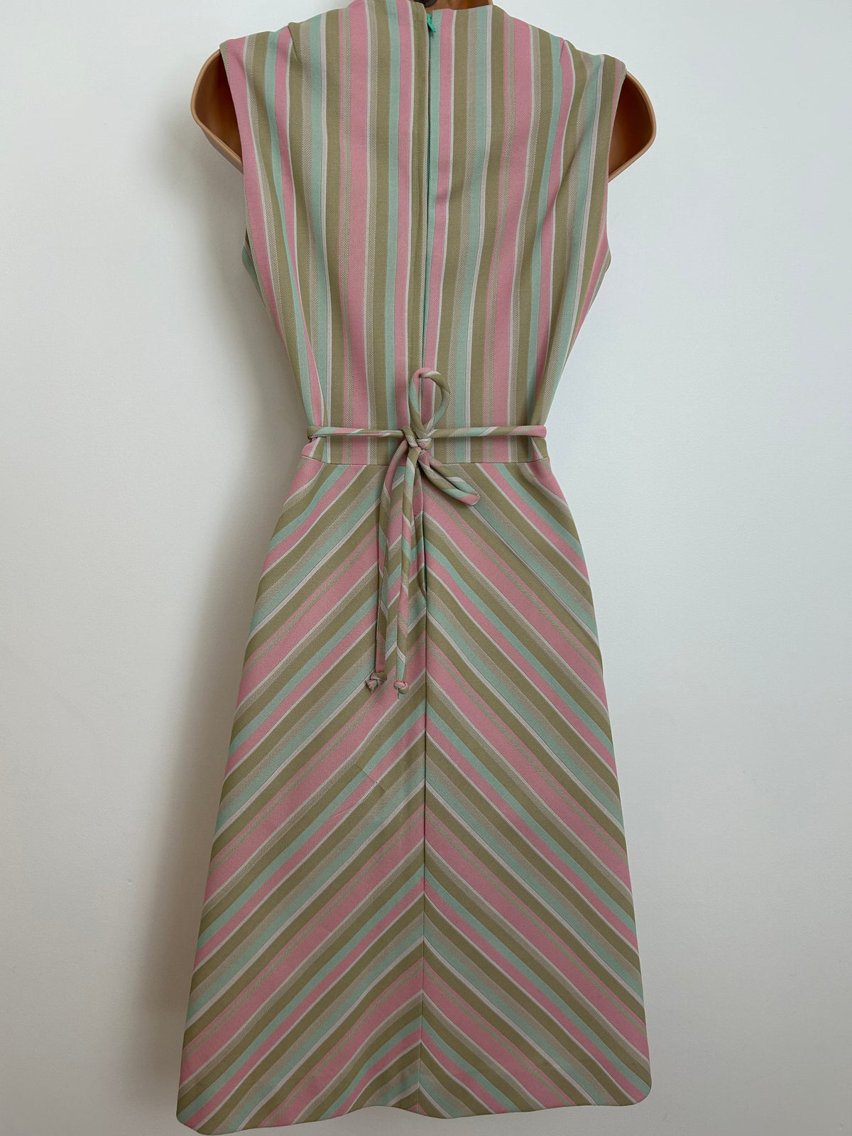 Vintage 1960s Size 10 Green Pink & Mint Stripe Print Belted Mod Day Dress