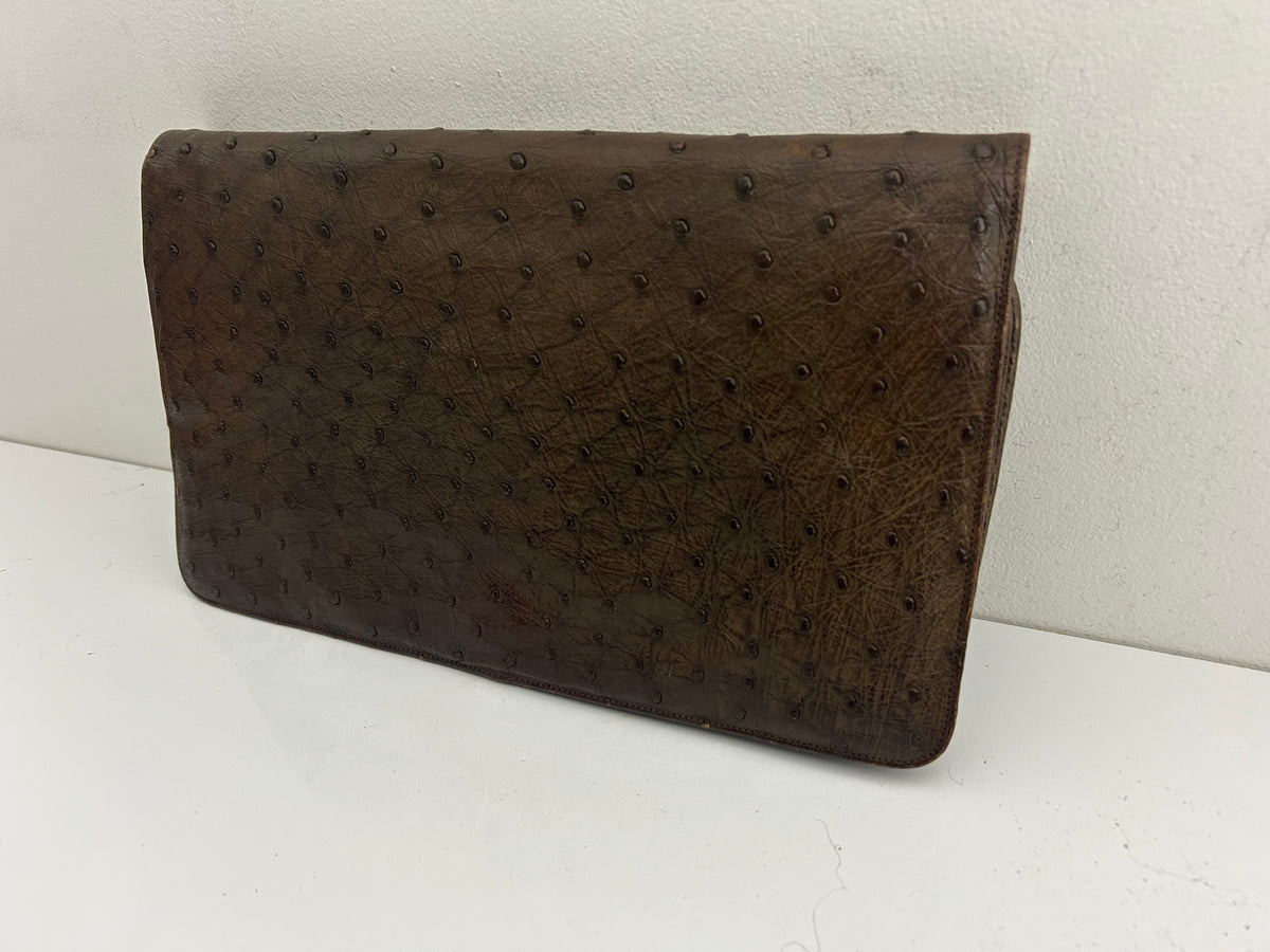 Vintage 1950’s Large Brown Ostrich Leather Clutch Bag With Hand Strap To The Back