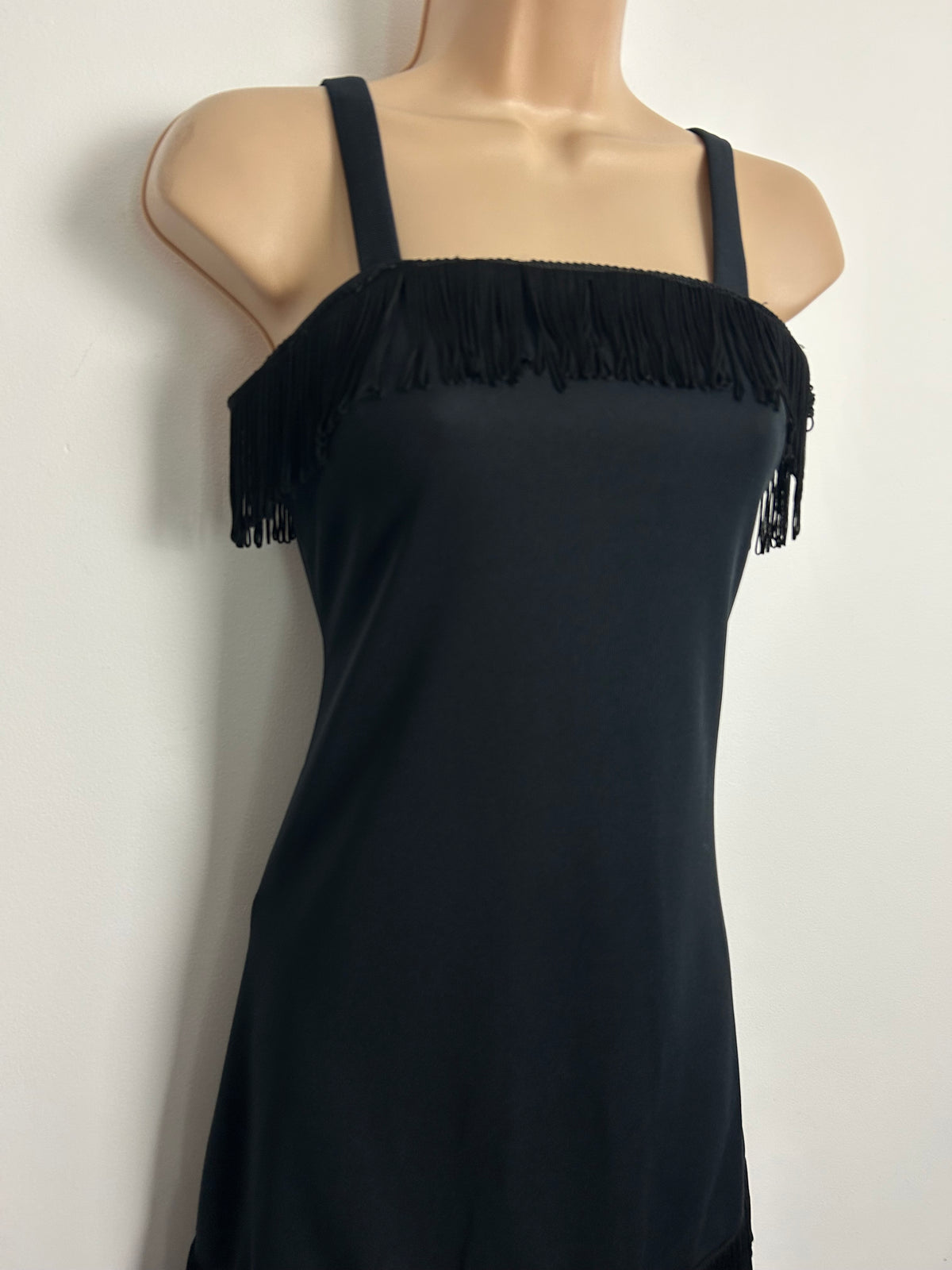 Vintage 1970s C&A Size 6 Black Fringing Detail Strappy Evening Maxi Dress
