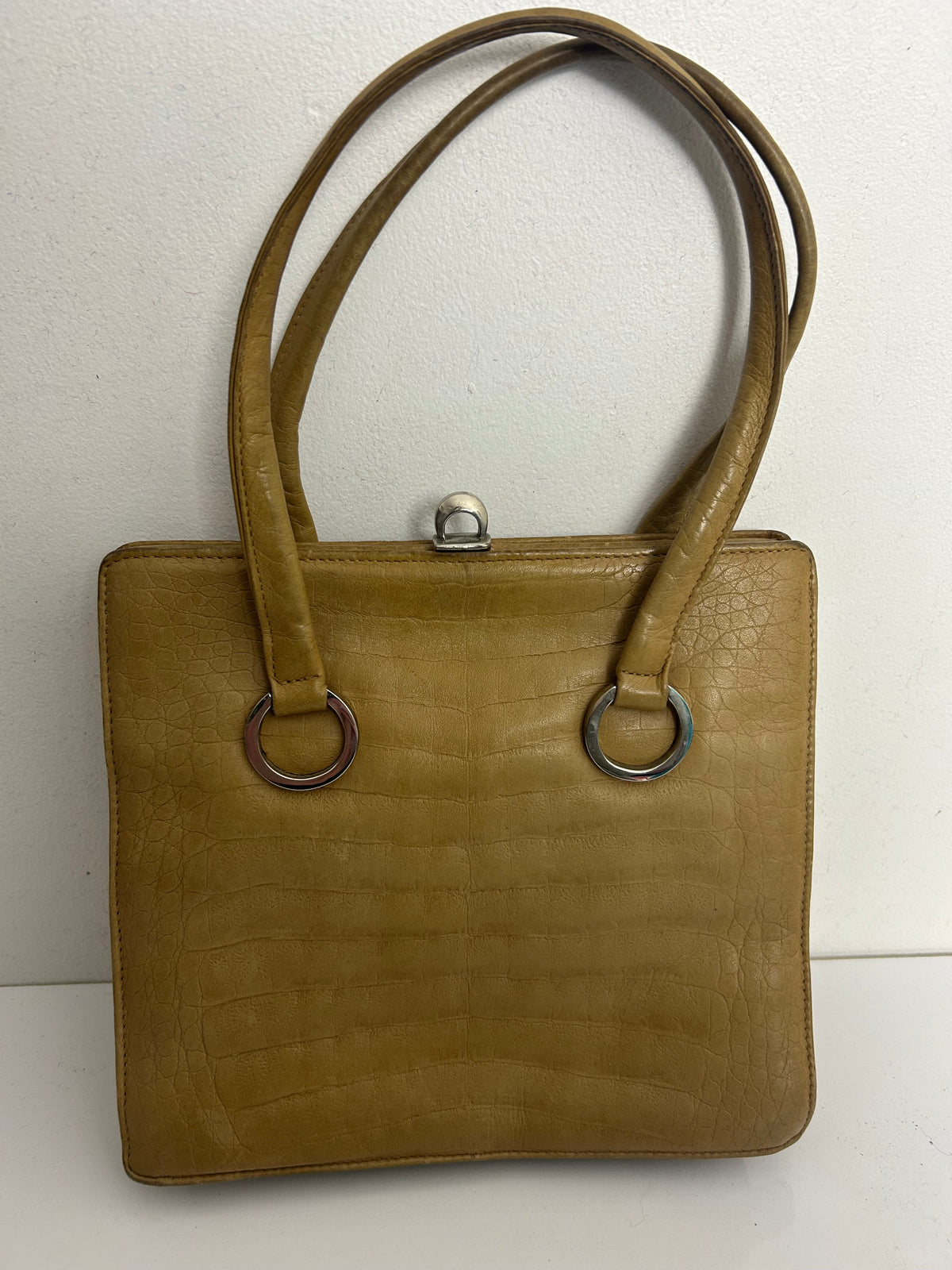 Vintage 50s 60s Beige Leather Double Top Handle Kelly Bag