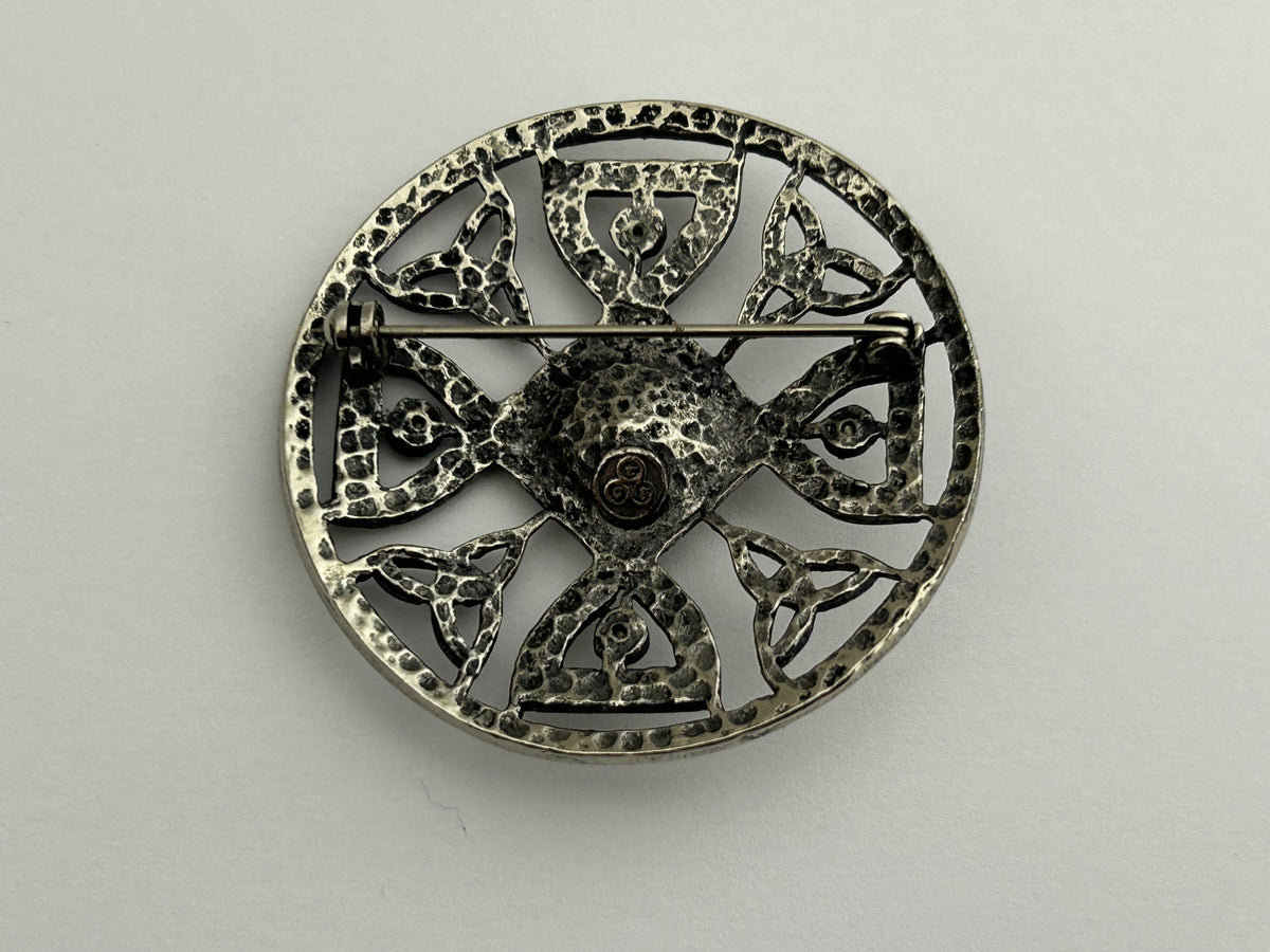 Vintage Celtic Scottish Silver Celtic Knot Stamped Purple Stone Set Round Brooch