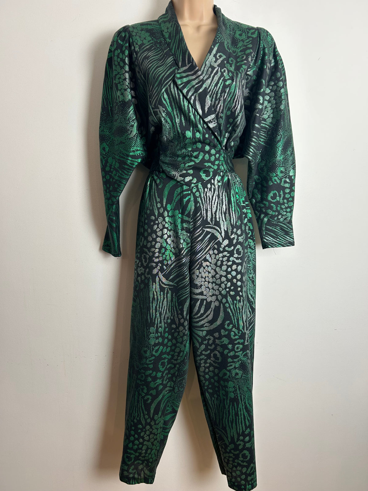 Vintage 1980s Size 10 Black & Green Iridescent Animal Print Bat Wing Wrap Bodice Jumpsuit