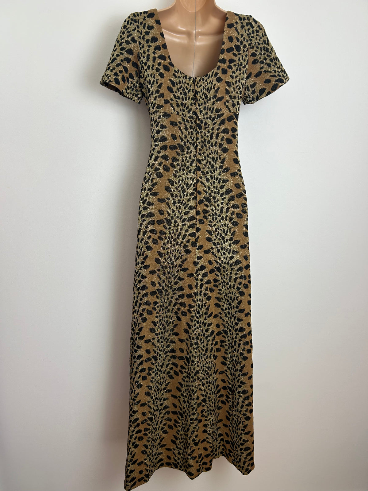 Vintage 1970s MADEMOISELLE Size 8 Black Tan & Gold Lurex Animal Print Evening Maxi Dress