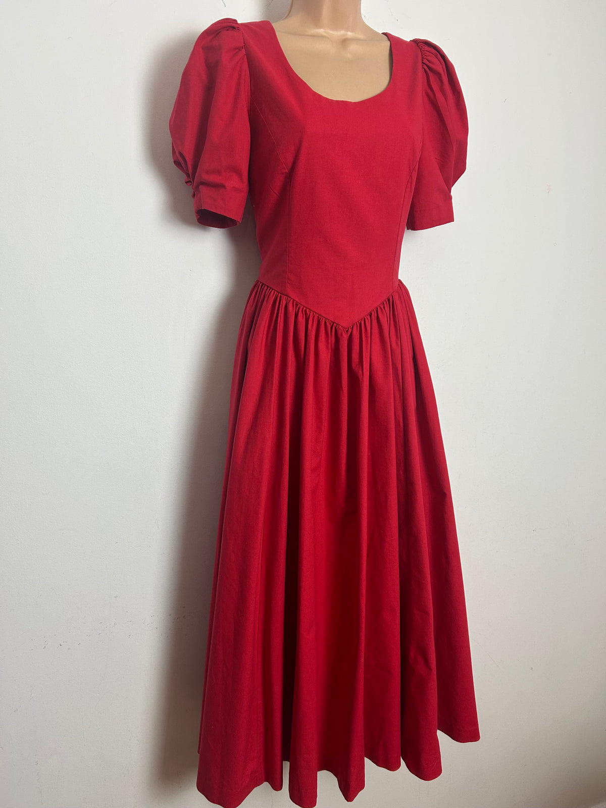Vintage 1980s LAURA ASHLEY Size 10 (12 On Label) Red Open Bow Back Puff Sleeve Midi Occasion Gown