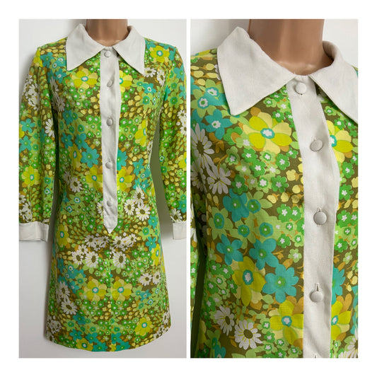 Vintage Late 1960s Size 6-8 Green Tones Floral Print Cotton Mix Mod Shift Dress