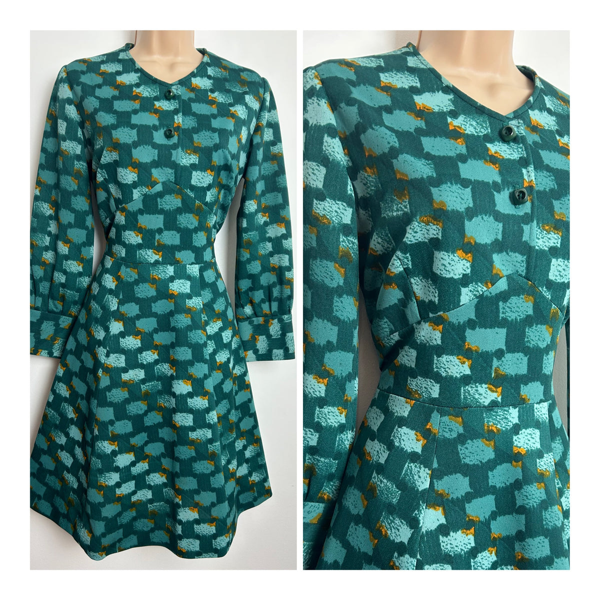 Vintage Late 1960s Size 10 Teal Abstract Print Long Sleeve Fit & Flare Mod Dress