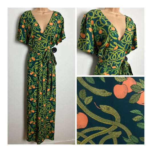 JOANIE Size 18 Vintage Inspired Green Snake & Oranges Print Short Sleeve Belted Wide Leg Jumpsuit