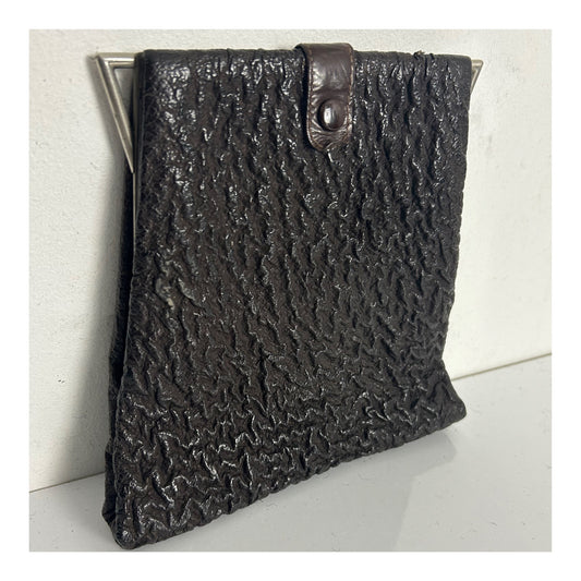 Vintage 1940s Dark Brown Textured Leather & Silver Frame Hand Strap Clutch Bag