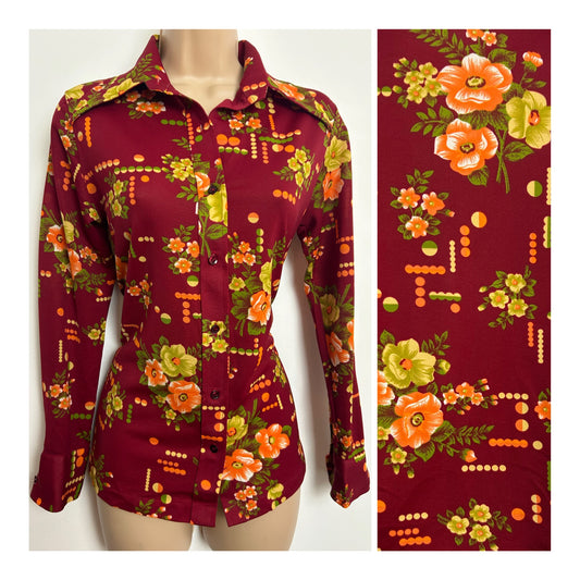 Vintage 1970s LERNER SHOPS Size 8-10 Dark Red Orange & Green Floral & Circle Print Dagger Collar Shirt