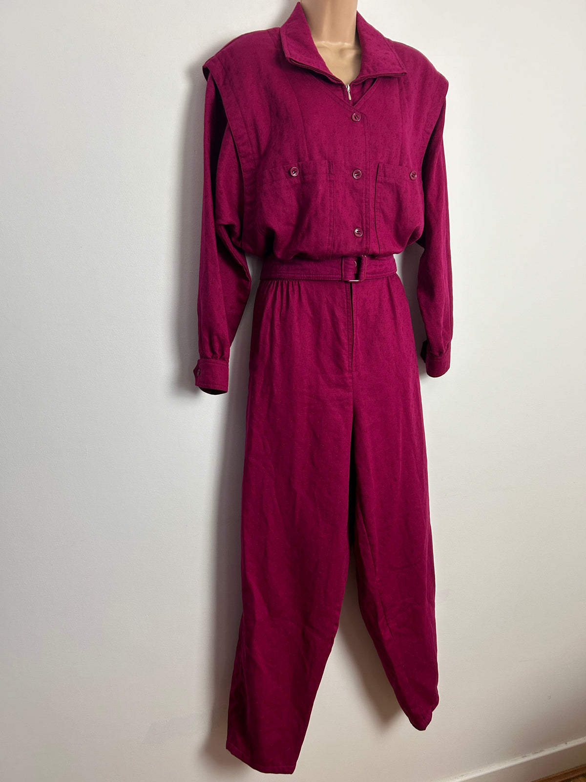 Vintage 1980s UK Size 10-12 Magenta Pink Cotton Long Sleeve Belted Jumpsuit