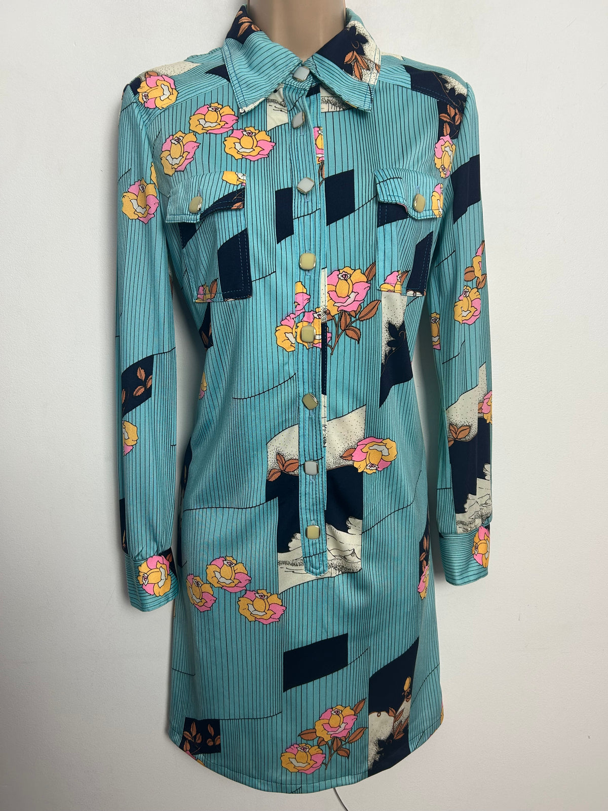 Vintage 1970s UK Size 10 Blue Pink White & Sandy Beige Floral & Stripe Print Long Sleeve Mod Dress