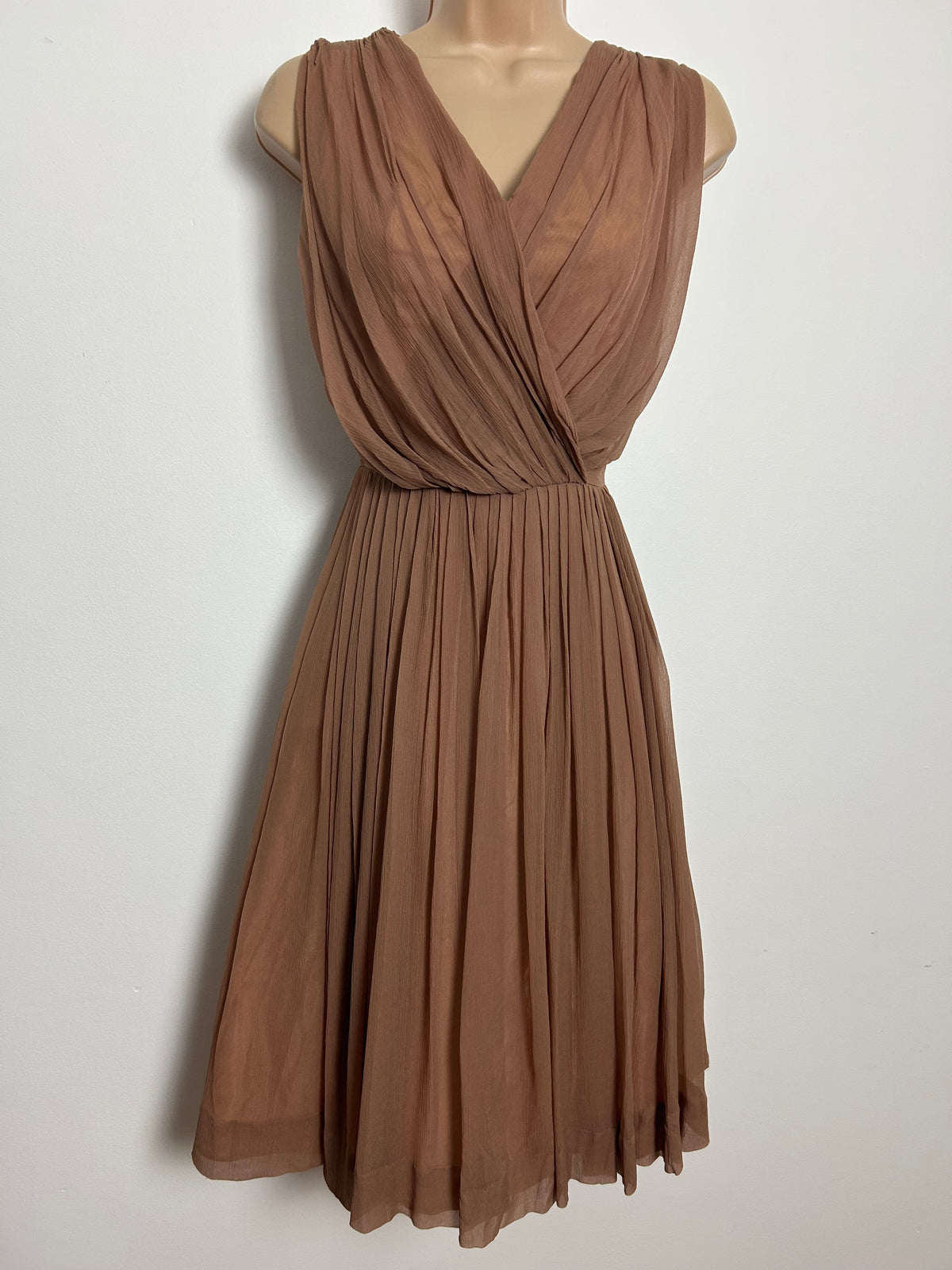 Vintage Early 1960s KITTY COPELAND Size 8 Caramel Brown Crepe Chiffon Occasion Party Dress