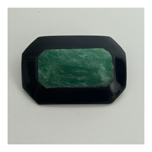 Vintage Homemade Black & Green Marble Effect Plastic Art Deco Shape Pin Brooch