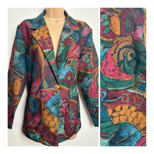 Vintage 1980s BLAIR BOUTIQUE Size 12 Dark Green Red Teal & Rusty Abstract Print Oversized Blazer