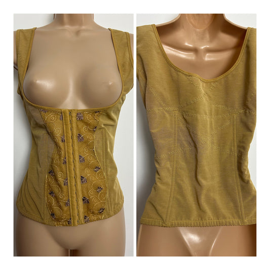 Vintage Size 10-12 Tan Beige Embroidered Detail Hook & Eye Front Fastening Waist Cinching Under Bust Corset Girdle