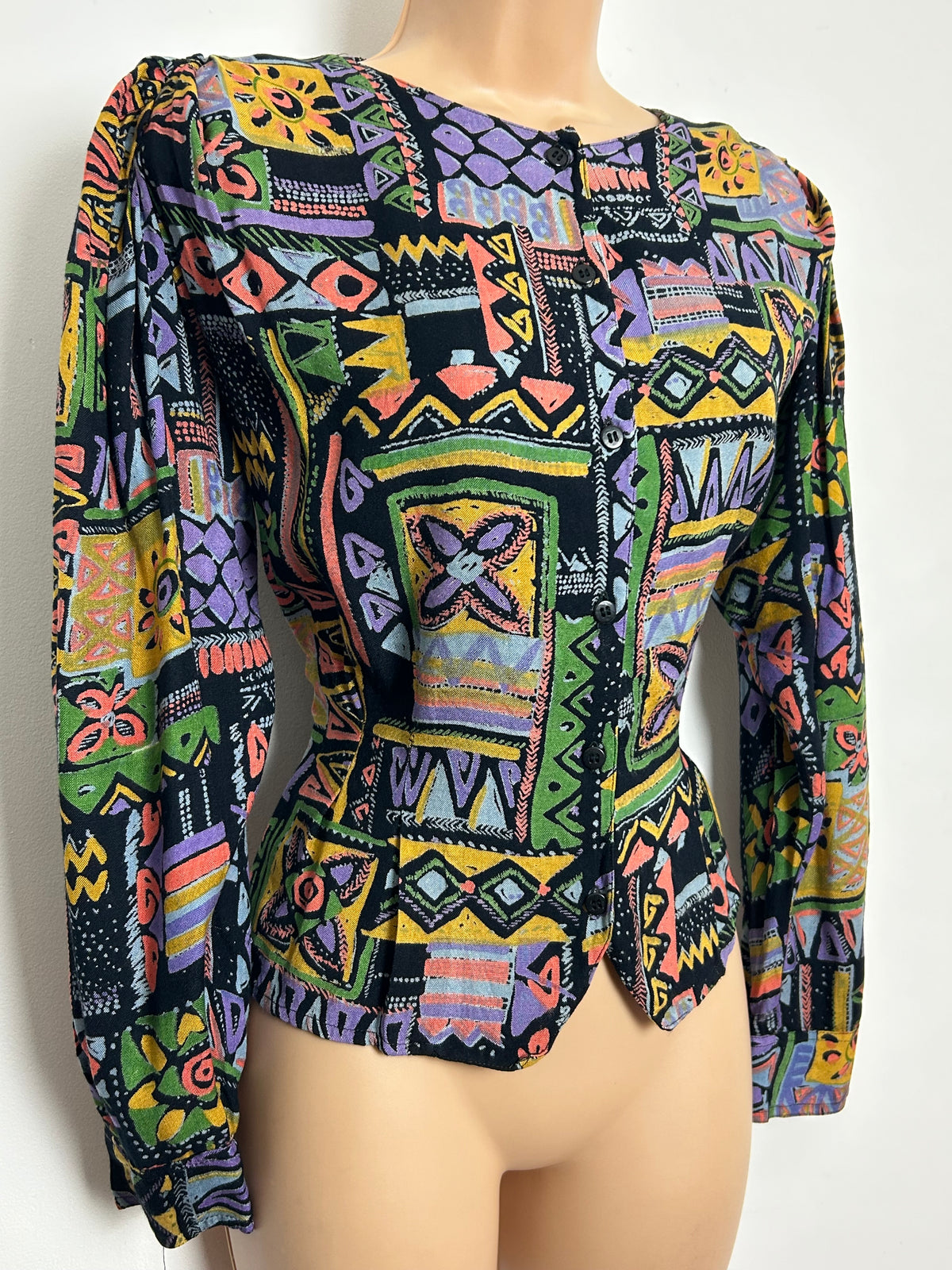 Vintage 1980s NEW FASHION Size 12 Black Multicolour Abstract Print Rayon Blouse