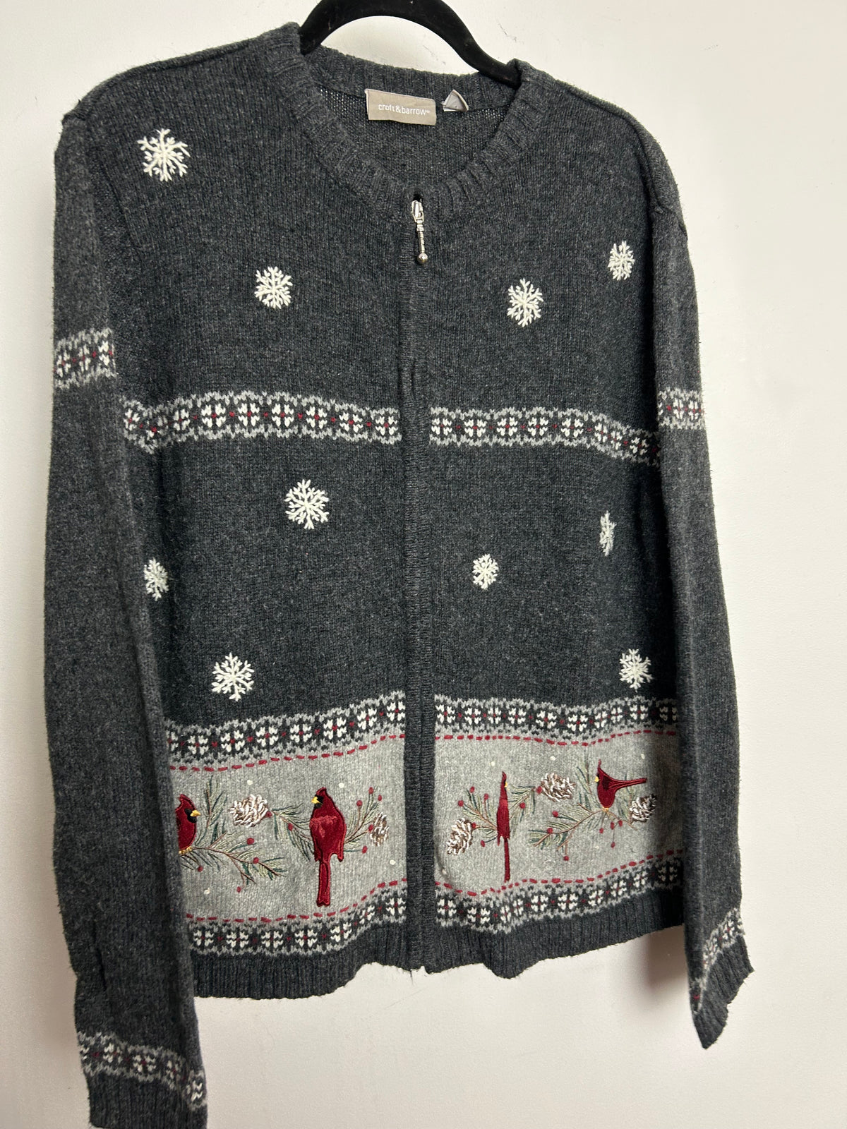 Vintage 1990s CROFT & BARROW Size 14-16 Dark Grey Snowflake & Bird Pattern Zip Up Ramie Mix Cardigan
