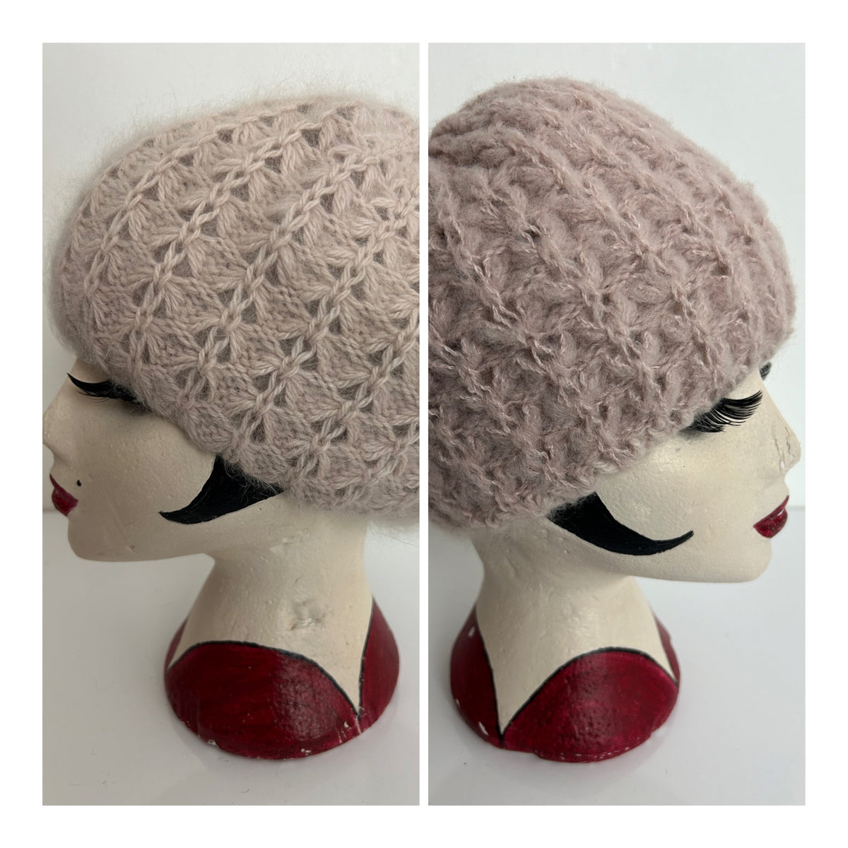 Vintage Pale Nude Pink Wool & Angora Chunky Knit Reversible Beanie/Beret Style Hat