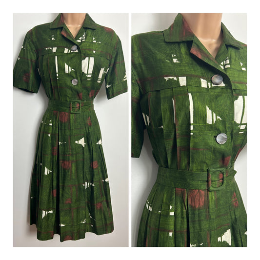 Vintage Early 1950s Size 12-14 Dark Green Dark Red & White Abstract Floral Belted Pleated Day Dress