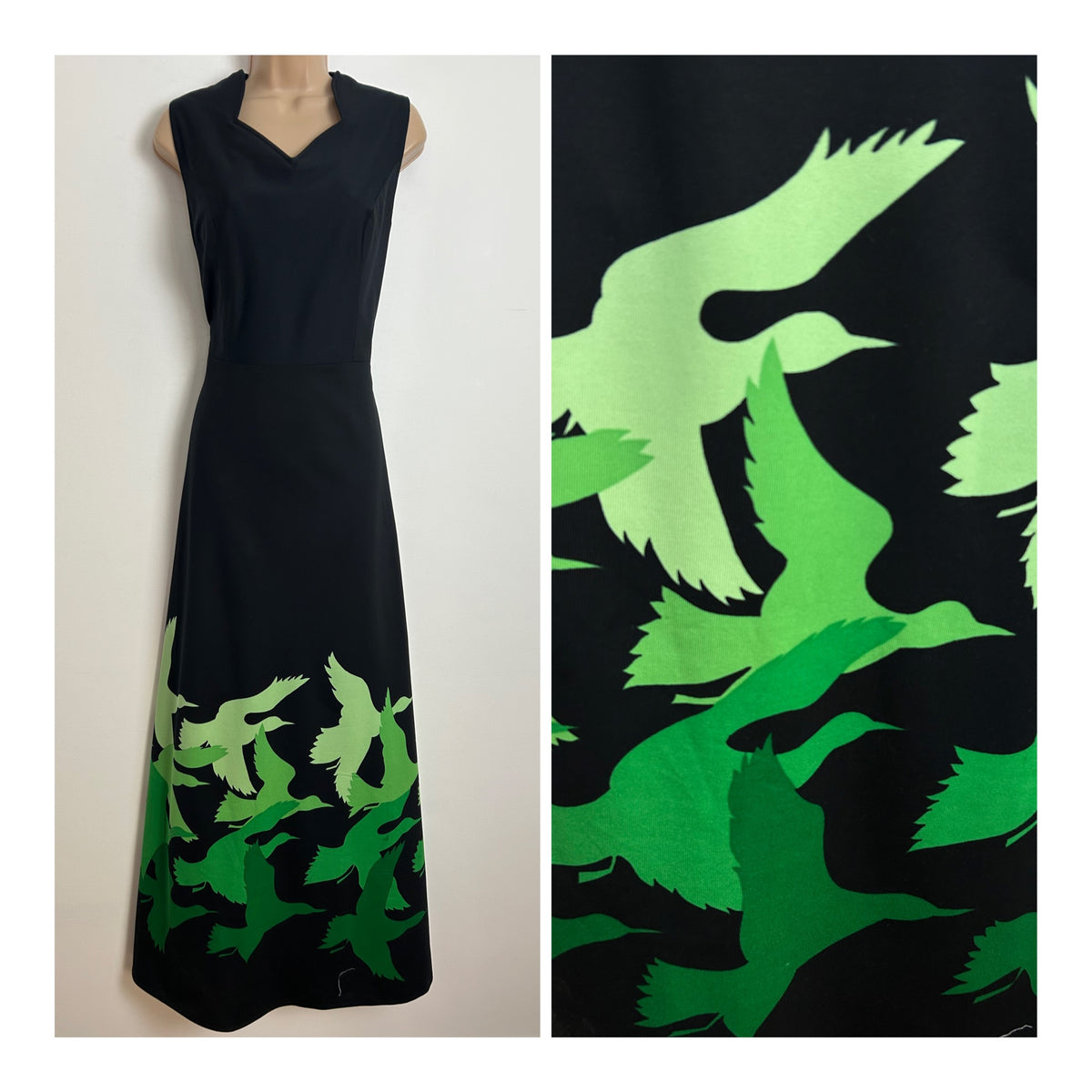 Vintage 1970s UK Size 12 Black & Green Tones Bird Print Sleeveless Maxi Dress