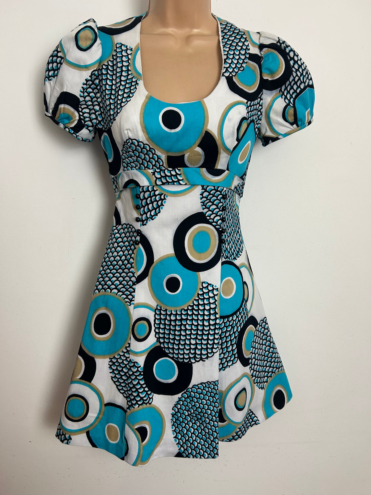 Vintage 1960s CANDA INTERNATIONAL Size 6 White Black Turquoise & Mocha Abstract Print Mini Mod Dress