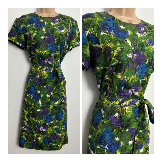 Vintage Late 1950s D'ELANY Size 14 Green Purple & Blue Floral Print Cotton Belted Day Dress