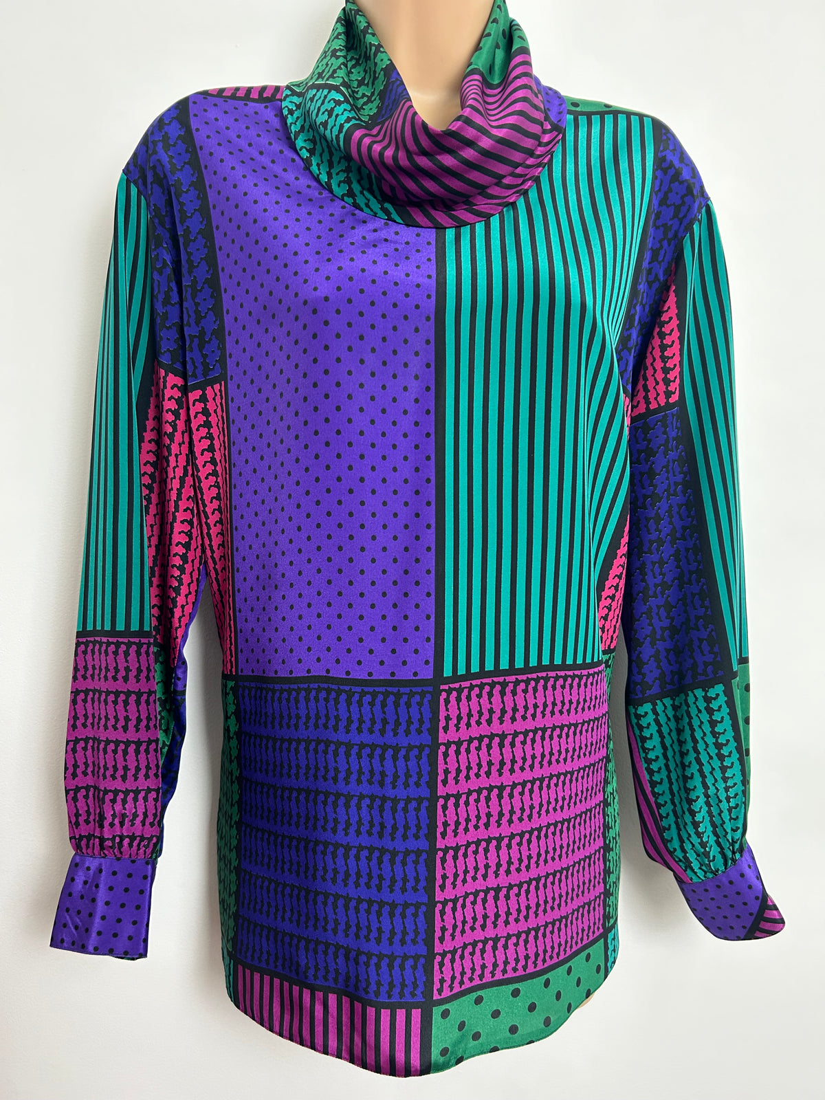 Vintage 1980s FELICIA Size 14-16 Green Purple Pink & Black Abstract Print Cowl Neck Long Sleeve Blouse