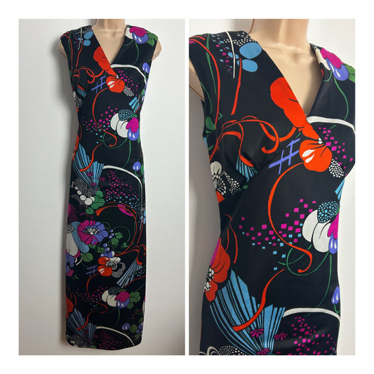 Vintage 1970s Size 10-12 Black Pink Blue & Green Floral Abstract Print Sleevless Maxi Dress