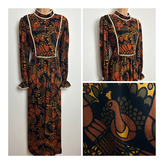 Vintage 1970s Size 12 Black Rust Brown & Olive Green Floral & Bird Print Long Sleeve Maxi Dress
